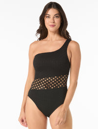 Carmen Marc Valvo One Shoulder Crochet One Piece Swimsuit - Living Paradise - 001 BLACK