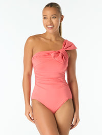 Carmen Marc Valvo Bow Ruched One Shoulder Underwire One Piece Swimsuit - Bowline Soiree - 849 Coral Rush