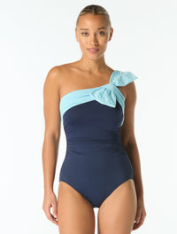 Carmen Marc Valvo One Shoulder Bow Underwire One Piece Swimsuit - Color Blocked - 420 Deep Ocean