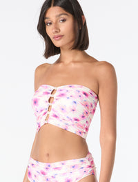 Carmen Marc Valvo Beaded Bandeau Shirred Bikini Top - Floral Escape - 100 White