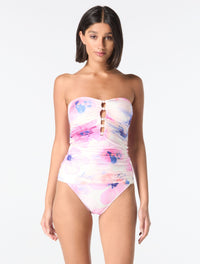 Carmen Marc Valvo Beaded Shirred Tankini Top - Floral Escape - 100 White