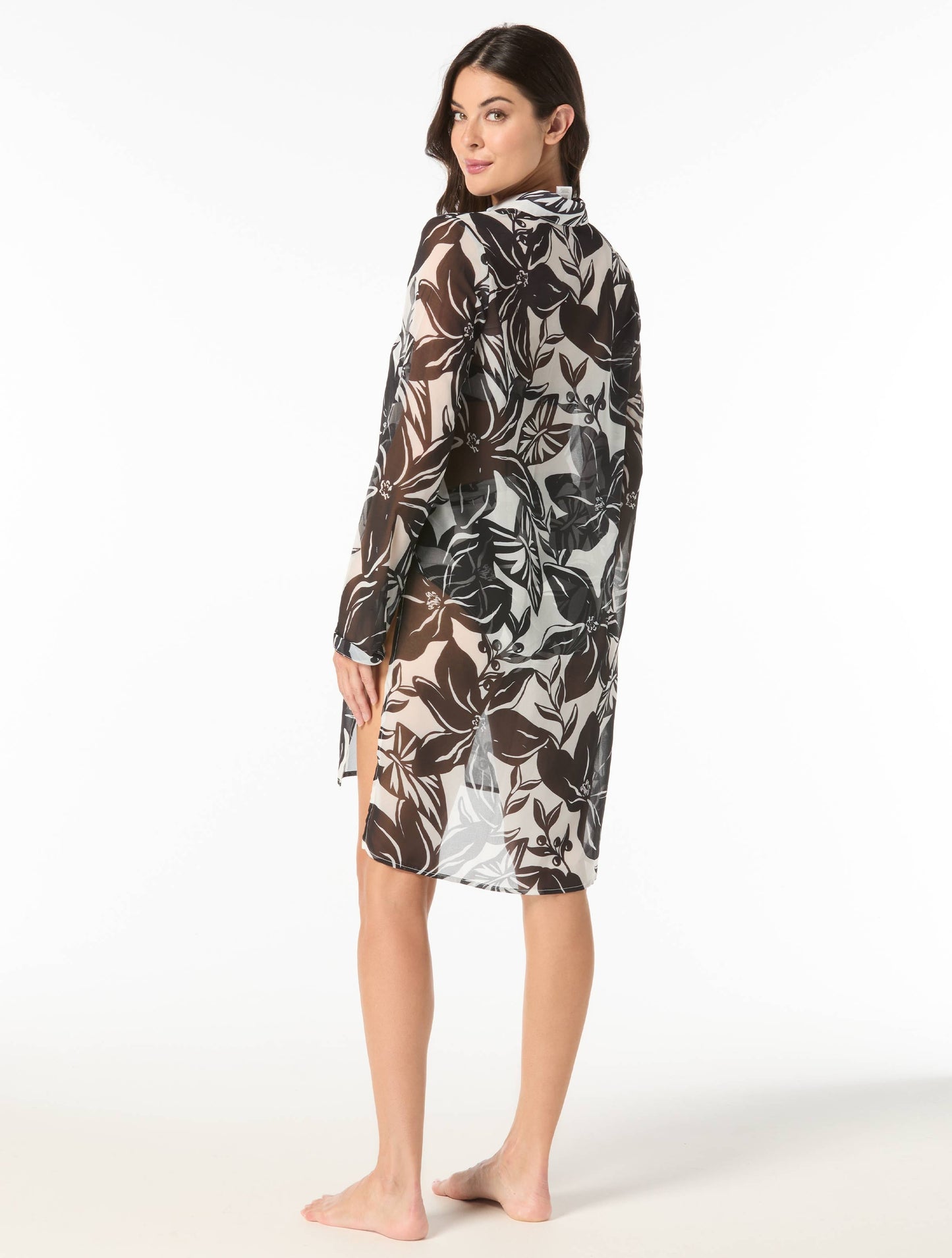 Carmen Marc Valvo Button Up Cover Up Convertible Shirt - Silent Bloom - 005 Black/White