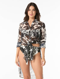 Carmen Marc Valvo Button Up Cover Up Convertible Shirt - Silent Bloom - 005 Black/White