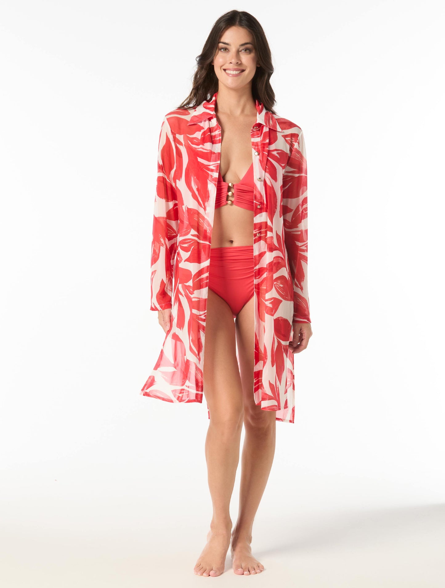 Carmen Marc Valvo Convertible Button Up Cover Up Shirt - Tamarindo