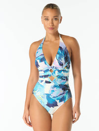 Carmen Marc Valvo Halter Underwire One Piece Swimsuit - Garden Party - 119 White Multi