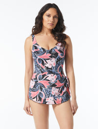 Roxanne Bra Sized V-Neck Tummy Control Sarong One Piece Swimsuit - Coastal Garden - 004 Black Multi