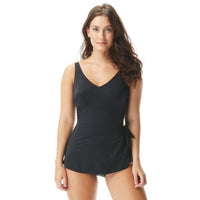 Roxanne Bra Sized V-Neck Sarong Tummy Control One Piece Swimsuit - Solids - 001 BLACK