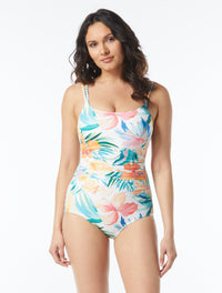 Roxanne Bra Sized Shirred Underwire One Piece Swimsuit - Hibiscus Serenade - 119 White Multi