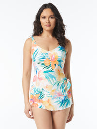 Roxanne Bra Sized V-Neck Sarong One Piece Swimsuit - Hibiscus Serenade - 119 White Multi