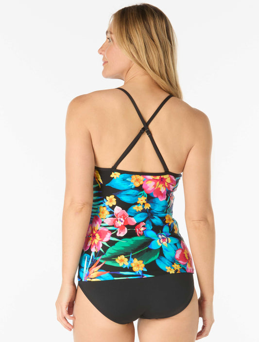 Beach House Sport Ambition Fitted Cross Back Textured Tankini Top - Surfside Flora - 001 Black