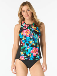 Beach House Sport Racer Zip Front Textured Tankini Top - Surfside Flora - 001 BLACK
