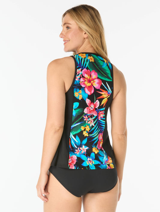 Beach House Sport Racer Zip Front Textured Tankini Top - Surfside Flora - 001 BLACK