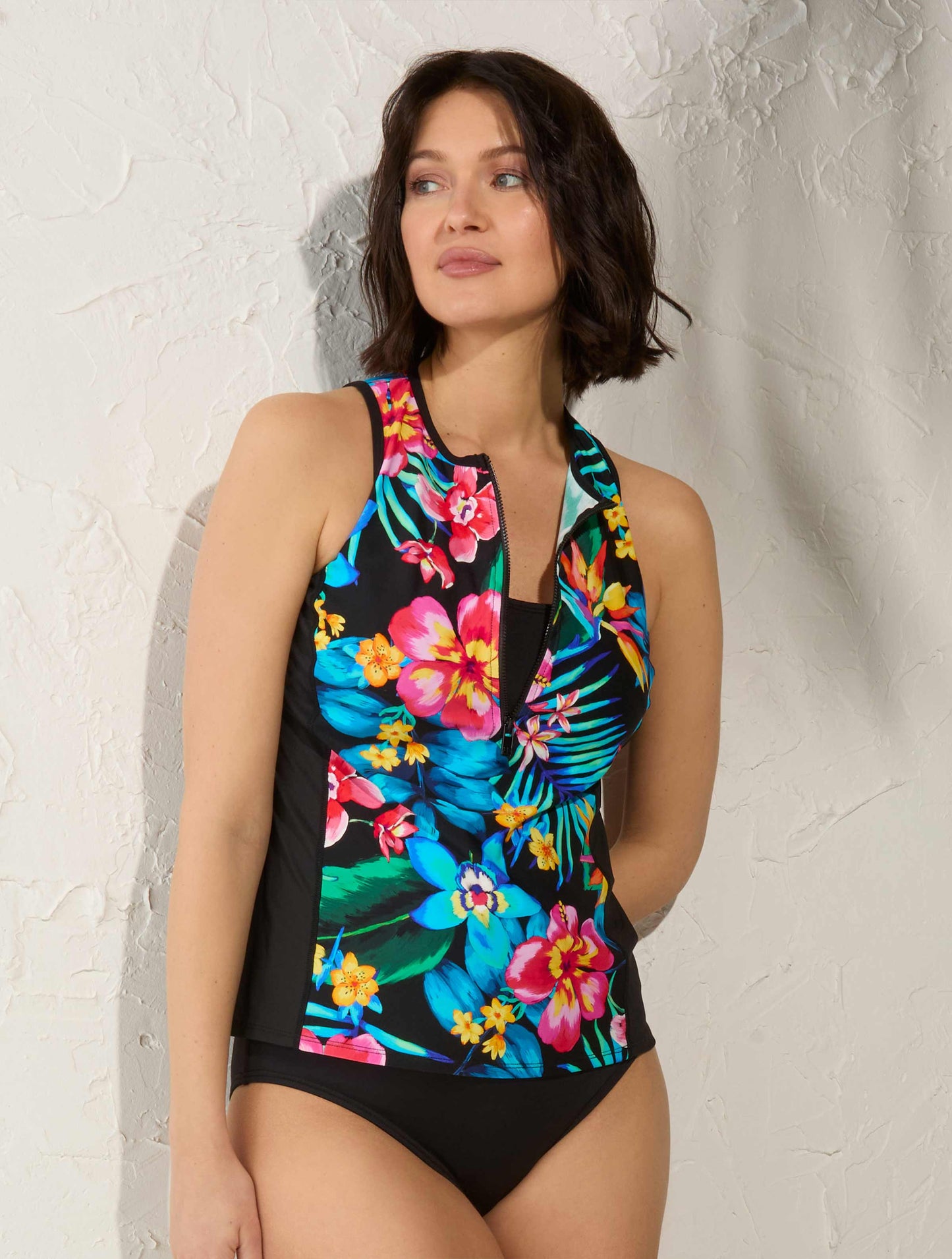Beach House Sport Racer Zip Front Textured Tankini Top - Surfside Flora - 001 BLACK