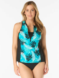 Beach House Sport Racer Zip Front Textured Tankini Top - High Tide Fern