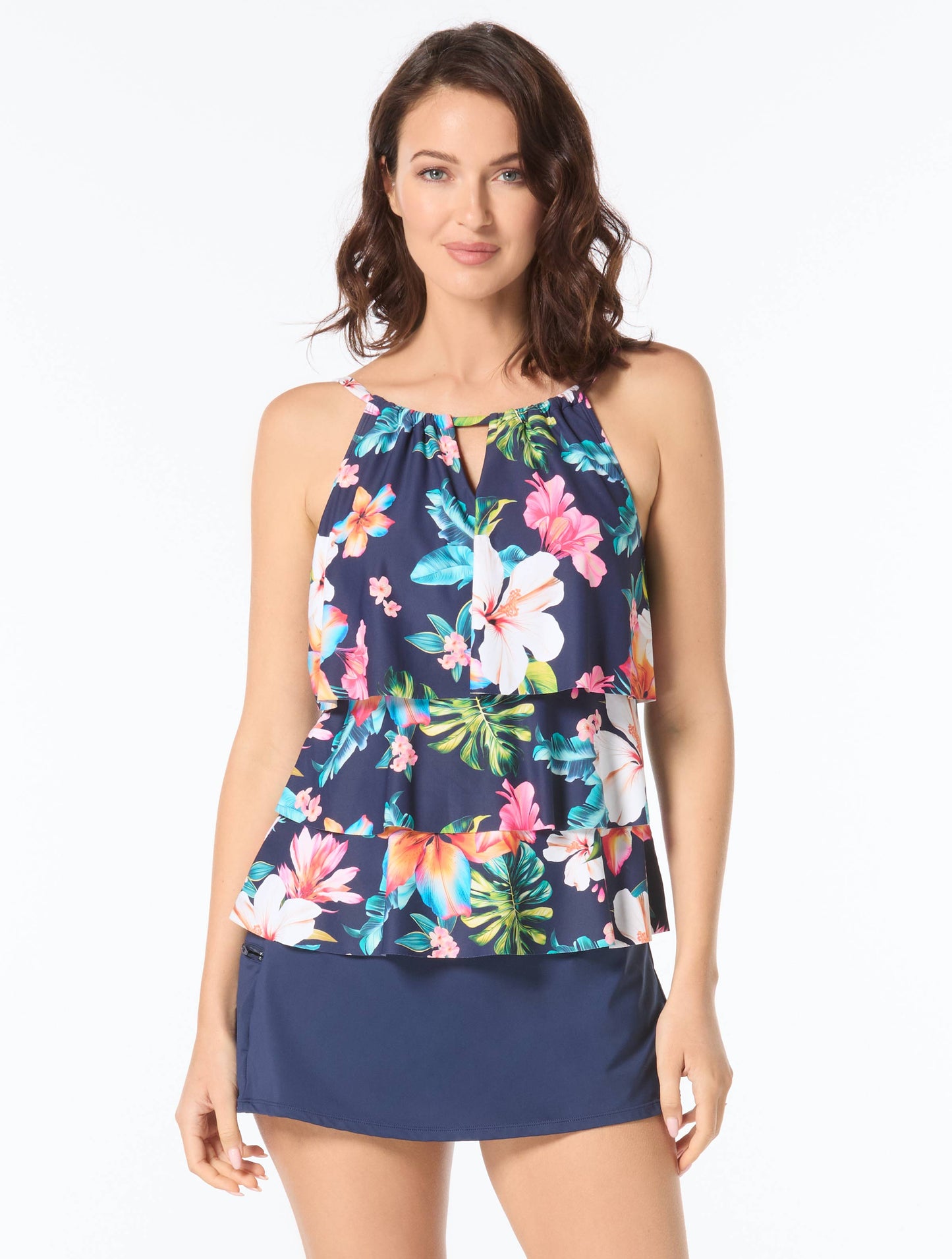 Beach House Jaclyn High Neck Ruffle Tankini Top - Vibrant Vacay