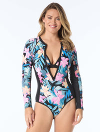 Beach House Sport Sculpt Long Sleeve Zip Front One Piece Swimsuit - Wild Calypso - 001 BLACK