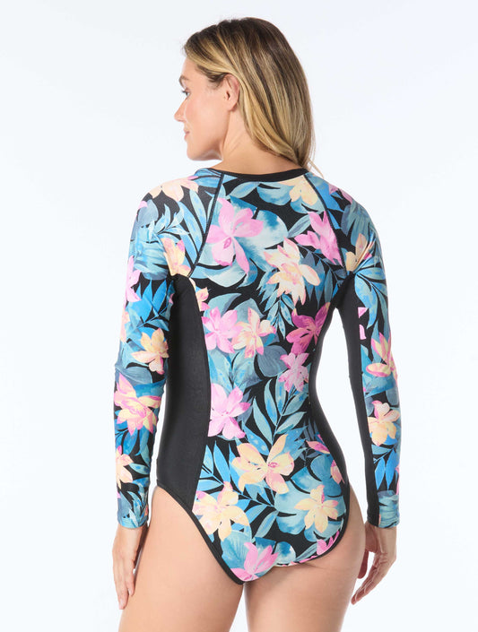 Beach House Sport Sculpt Long Sleeve Zip Front One Piece Swimsuit - Wild Calypso - 001 BLACK