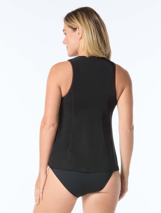 Beach House Sport Racer Zip Front Textured Tankini Top - Wild Calypso - 001 BLACK