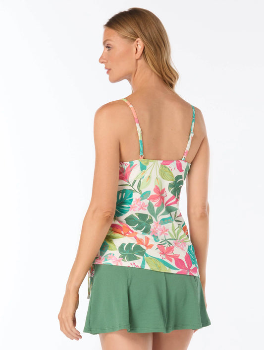 Beach House Bridget Textured Shirred Side Underwire Tankini Top - Tropical Paradise - 100 White