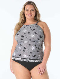 Beach House Plus Blair High Neck Tankini Top - Floral Allure - 001 BLACK