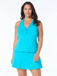 Beach House Plus Swim Nina Ruffle Trim Textured Tankini Top - Pique Solids - 450 POOL PARTY