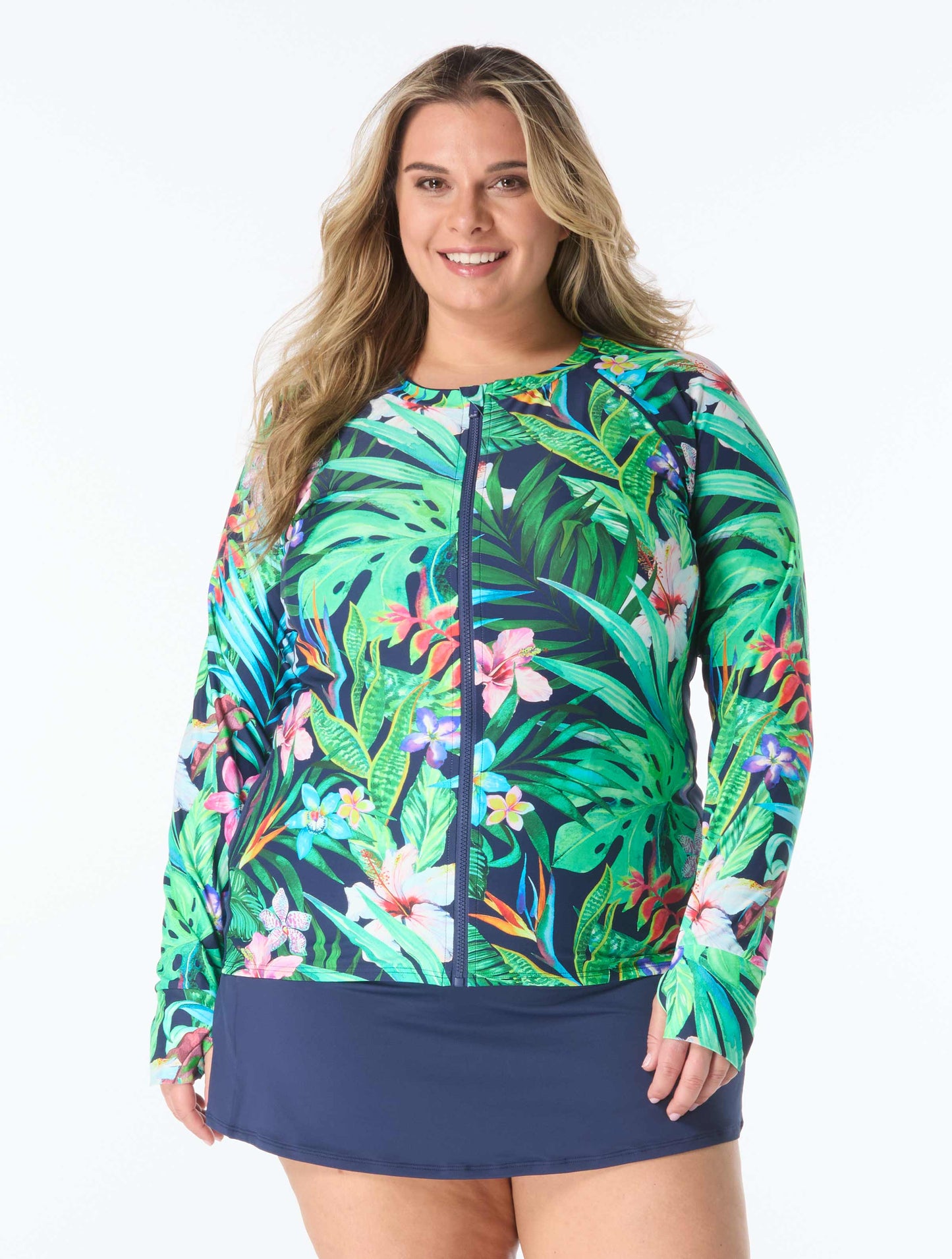 Beach House Plus Size Tropical Paradise Tankini Top, Solid Short Bottom & Rash Guard Bundle