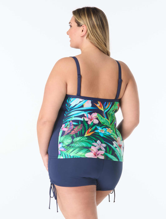 Beach House Plus Size Tropical Paradise Tankini Top, Solid Short Bottom & Rash Guard Bundle