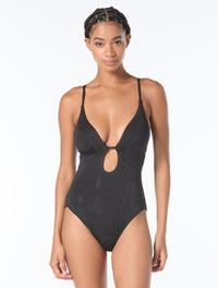 Michael Kors Keyhole One Piece Swimsuit - Rhinestone Studded Solids - 001 BLACK