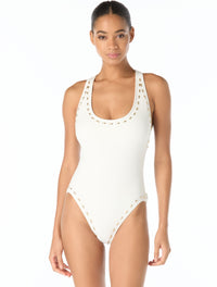 Michael Kors Racerback One Piece Swimsuit - Half Moon Studs - 100 White