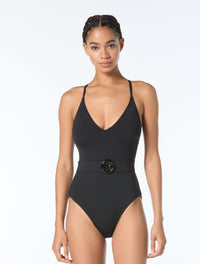 Michael Kors Cross Back Belted One Piece Swimsuit - Bubble Logo Solids - 001 Black