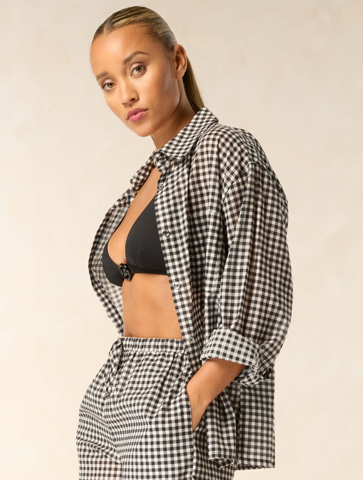 Michael Kors Textured Cover Up Shirt - Boho Gingham - 001 Black