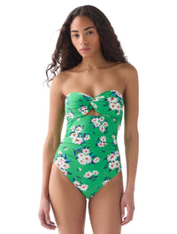 kate spade new york Twist Front Shirred One Piece Swimsuit - Spring Daisies - 894 Parrot Green
