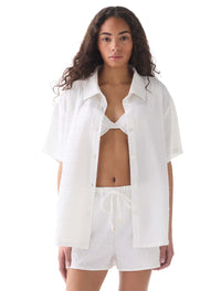 kate spade new york Oversized Short Sleeve Textured Button Up Shirt Cover Up - Seersucker Puff - 100 White