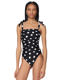kate spade new york Shoulder Tie Shirred One Piece Swimsuit - Paint Dot - 001 BLACK