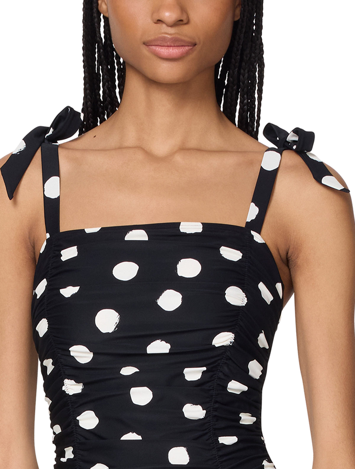 kate spade new york Shoulder Tie Shirred One Piece Swimsuit - Paint Dot - 001 BLACK