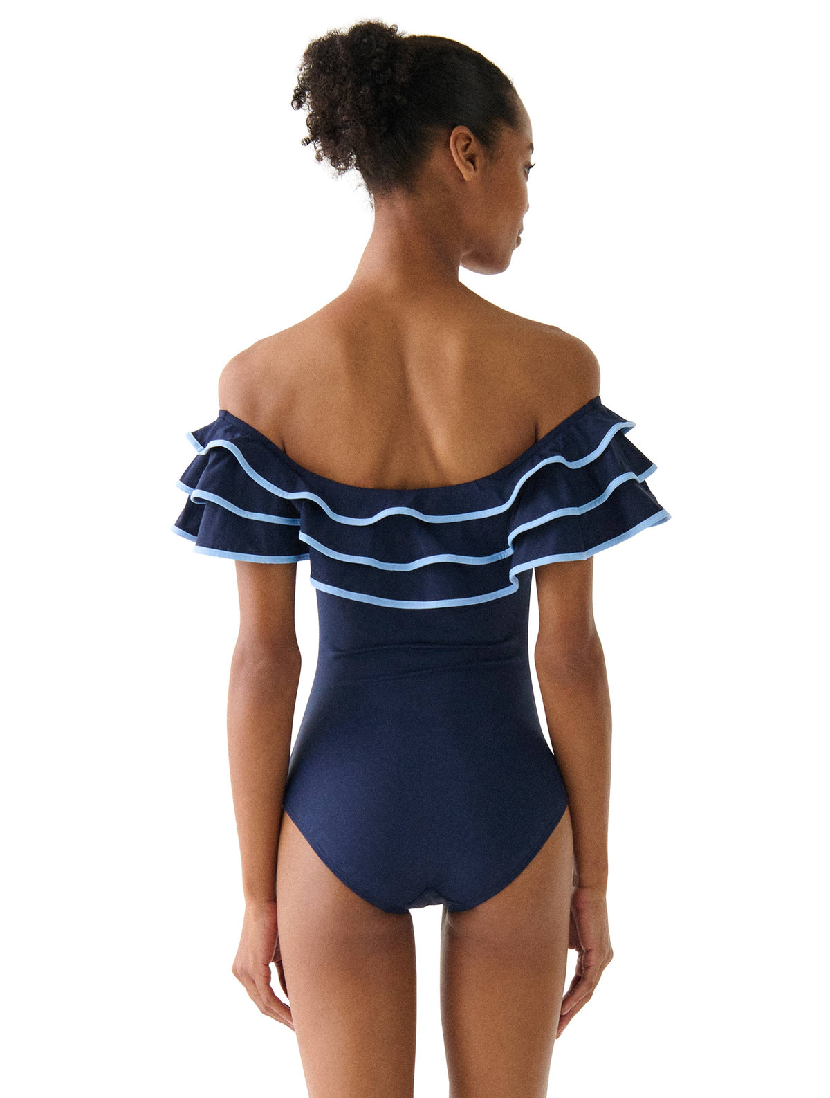kate spade new york Off the Shoulder Ruffle One Piece Swimsuit - Solids - 477 PLANETARY NAVY