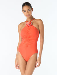 Kate Spade High Neck One Piece Swimsuit - Contrast Rosette Solids - 814 GOJI BERRY
