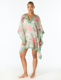 Coco Contours Grand Caftan V-Neck Dress Cover Up - Hibiscus Breeze - 100 White