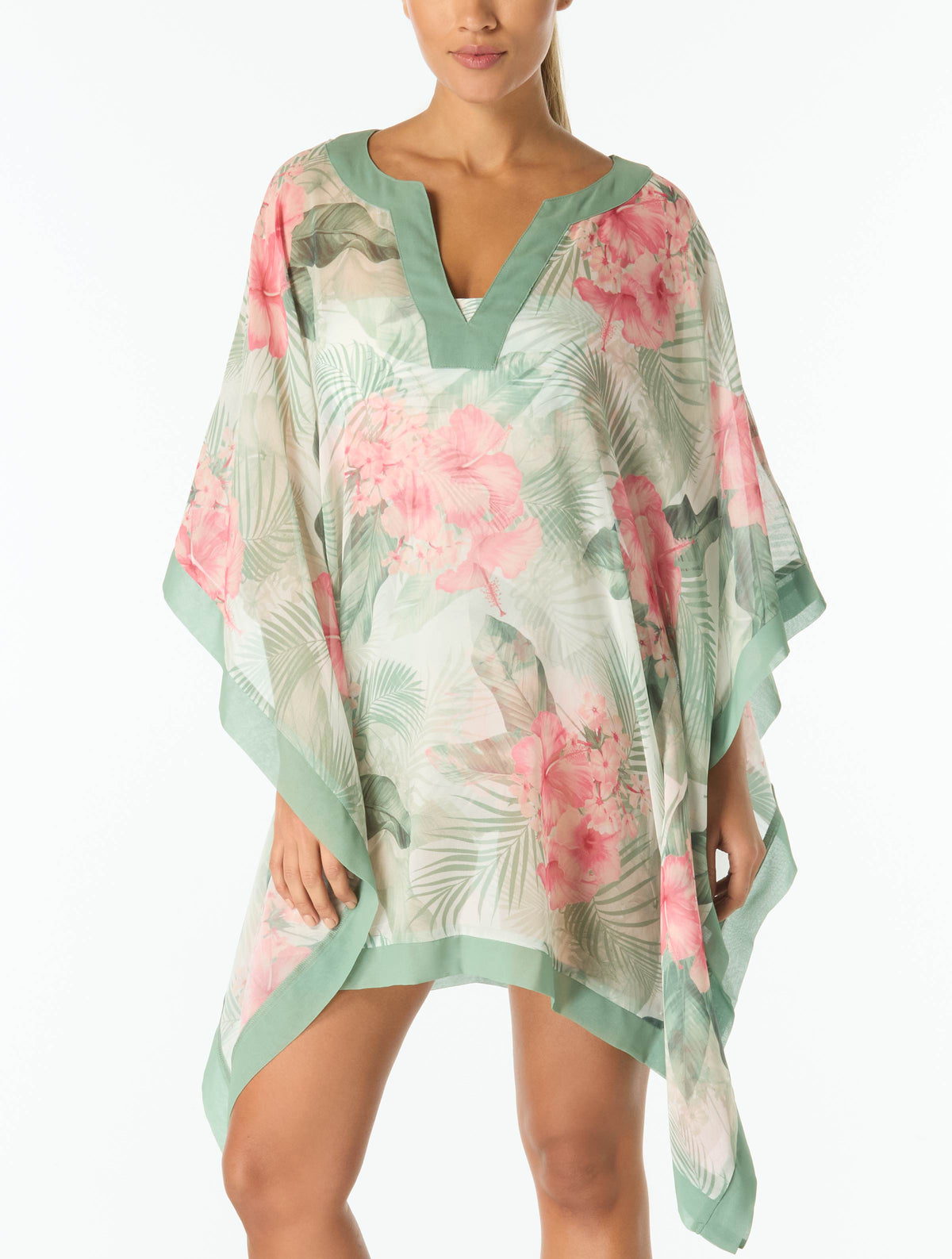 Coco Contours Grand Caftan V-Neck Dress Cover Up - Hibiscus Breeze - 100 White