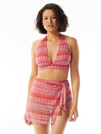 Coco Contours Athena Draped Halter Bra Sized Bikini Top - Summer Crochet - 630 PINK MULTI