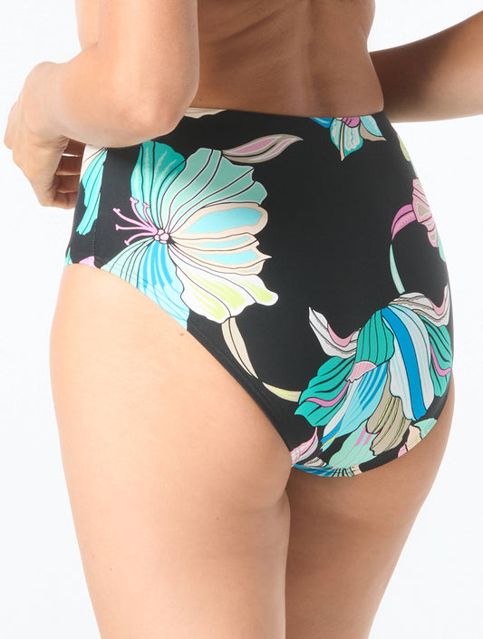 Coco Contours Thrive Ultra High Waist Bikini Bottom - Aquatic Lotus - 004 Black Mlt