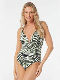 Coco Reef Astra Bra Sized Plunge Underwire One Piece Swimsuit - Wild Zebra - 004 Black Mlt
