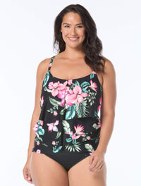 Coco Reef Aura Ruffle Bra Sized Underwire Tankini Top - Spiced Tropical - 004 Black Multi