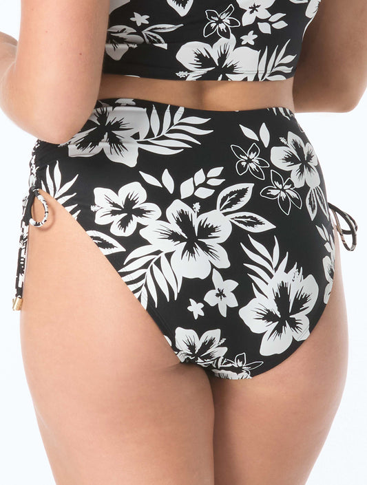 Coco Reef Inspire Shirred High Waist Bikini Bottom - Aloha Monotone - 001 BLACK