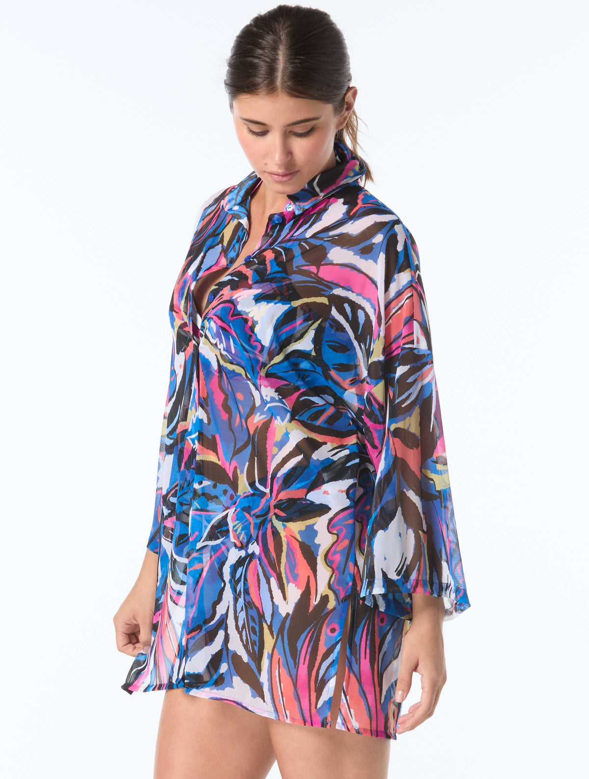 Coco Reef Divinity Button Up Cover Up Shirt - Paradise Abstract - 004 Black Multi