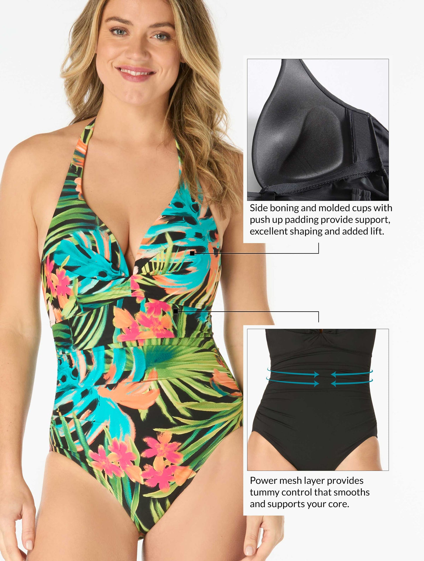 Coco Reef Assure Bra Sized Halter One Piece Swimsuit - Island Grove - 004 Black Multi