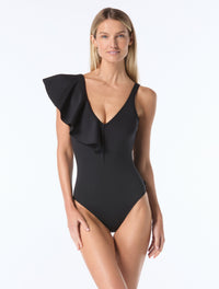 Vince Camuto Ruffle Shoulder One Piece Swimsuit - Scuba