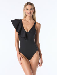 Vince Camuto Ruffle Shoulder One Piece Swimsuit - Scuba - 001 BLACK