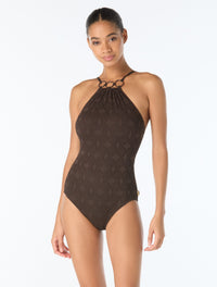 Vince Camuto High Neck Textured One Piece Swimsuit - Geo Crochet - 212 CHOCOLATE
