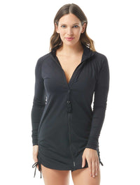 Beach House Sport Interval Long Sleeve Side Tie Zip Front Cover Up - Beach Solids - 001 BLACK